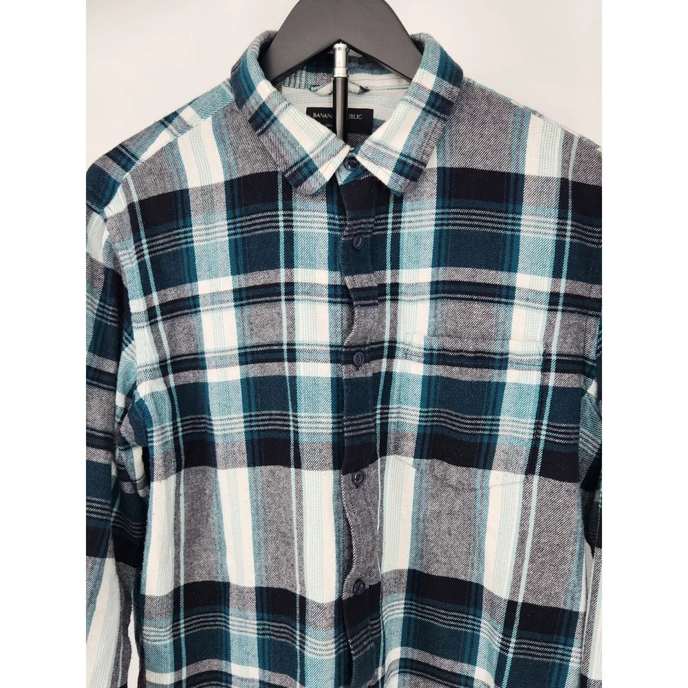 Banana Republic Mens Standard Fit Plaid Flannel Shirt Blue Black White Large